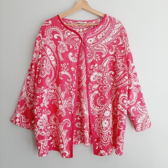 TANJAY Textured Light Paisley & Floral Satin Cardigan Top Sz 16 - Picture 12 of 12